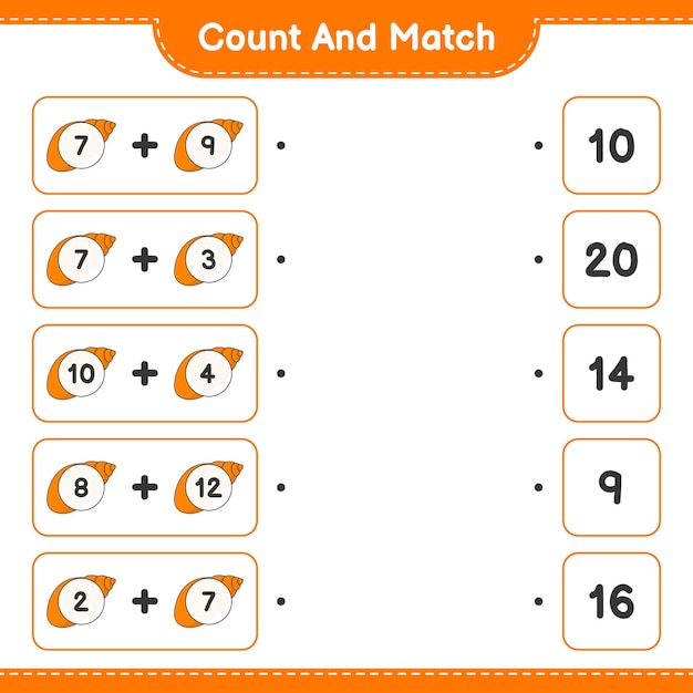 Cuente y combine, cuente el número de conchas marinas y haga coincidir con los números correctos. juego educativo para niños, hoja de trabajo imprimible, ilustración vectorial