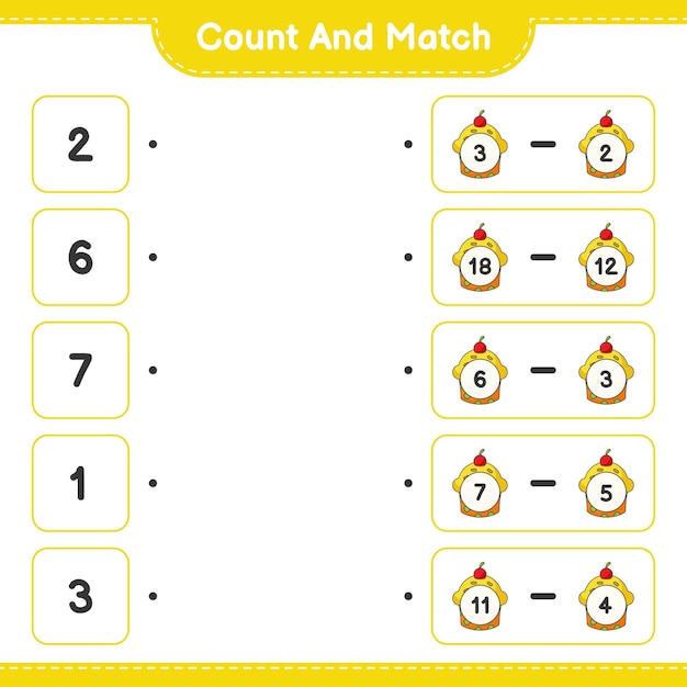 Cuente y combine, cuente el número de cup cake y combine con los números correctos. juego educativo para niños, hoja de trabajo imprimible, ilustración vectorial