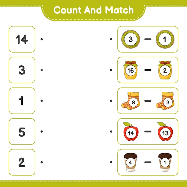 Cuente y combine, cuente el número de Donut, Jam, Socks, Apple, Teacup y combine con los números correctos. Juego educativo para niños, hoja de trabajo imprimible, ilustración vectorial