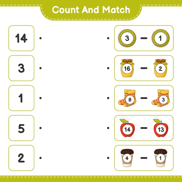 Cuente y combine, cuente el número de donut, jam, socks, apple, teacup y combine con los números correctos. juego educativo para niños, hoja de trabajo imprimible, ilustración vectorial