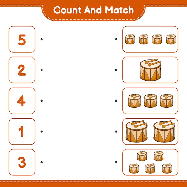Cuente y combine, cuente el número de Drum y combine con los números correctos. Juego educativo para niños, hoja de trabajo imprimible, ilustración vectorial