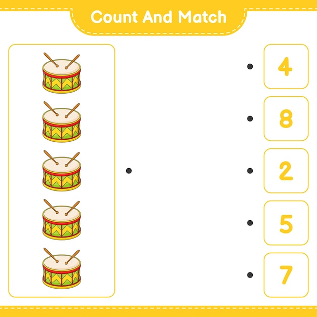 Cuente y combine, cuente el número de Drum y combine con los números correctos. Juego educativo para niños, hoja de trabajo imprimible, ilustración vectorial