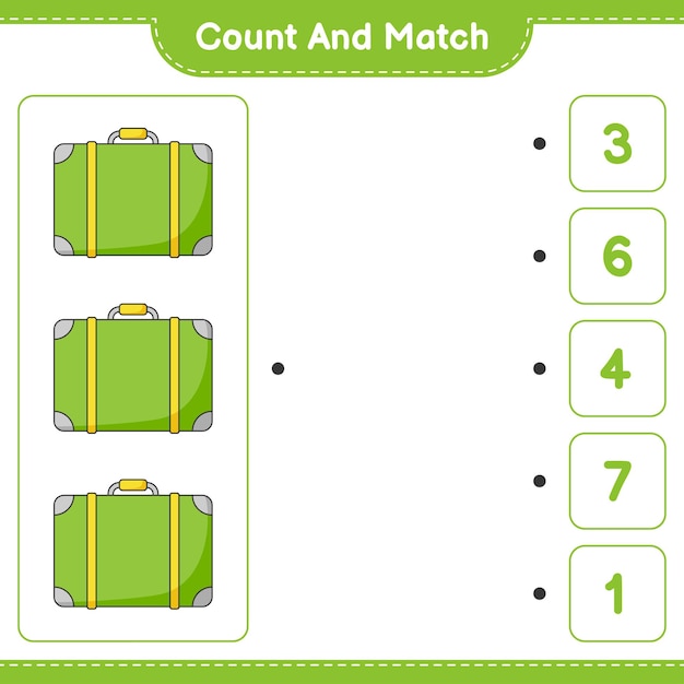 Cuente y combine, cuente el número de equipaje y combine con los números correctos. juego educativo para niños, hoja de trabajo imprimible, ilustración vectorial