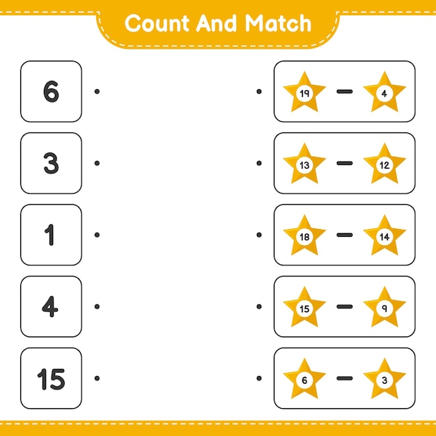 Cuente y combine, cuente el número de estrellas y combine con los números correctos. juego educativo para niños