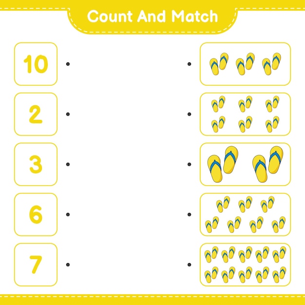Cuente y combine, cuente el número de Flip Flop y combine con los números correctos. Juego educativo para niños, hoja de trabajo imprimible, ilustración vectorial