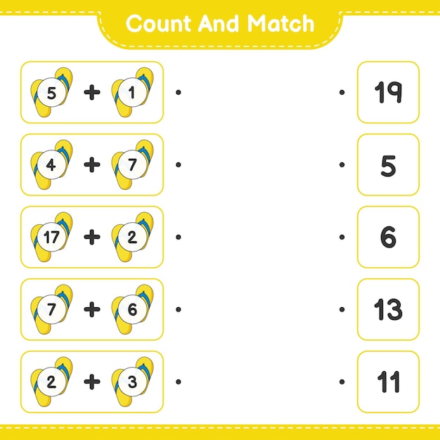 Cuente y combine, cuente el número de Flip Flop y combine con los números correctos. Juego educativo para niños, hoja de trabajo imprimible, ilustración vectorial