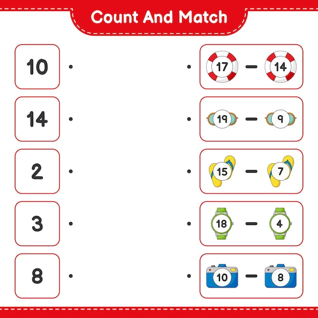 Cuente y combine, cuente el número de Gafas de sol, Flip Flop, Relojes, Cámara, Lifebuoy y combine con los números correctos. Juego educativo para niños, hoja de trabajo imprimible, ilustración vectorial