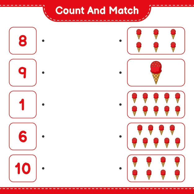 Cuente y combine, cuente el número de Helados y combine con los números correctos. Juego educativo para niños, hoja de trabajo imprimible, ilustración vectorial