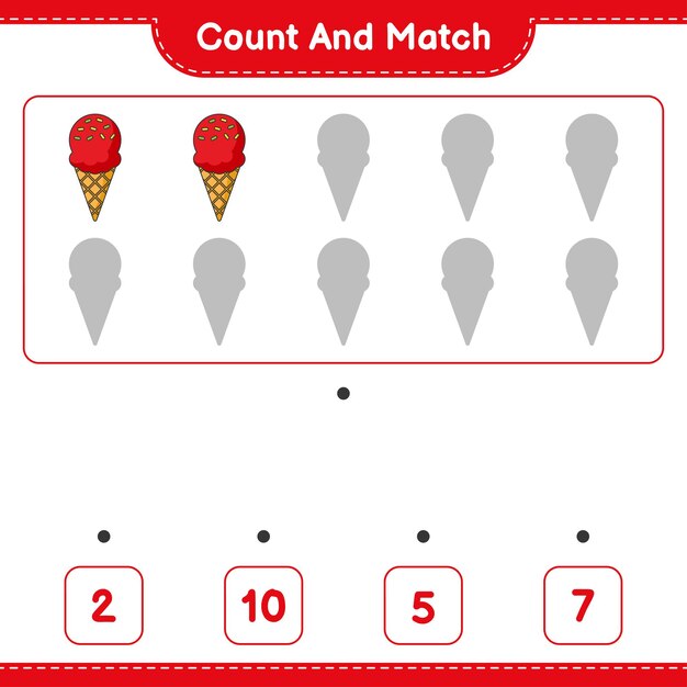 Cuente y combine, cuente el número de Helados y combine con los números correctos. Juego educativo para niños, hoja de trabajo imprimible, ilustración vectorial