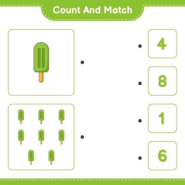 Cuente y combine, cuente el número de Helados y combine con los números correctos. Juego educativo para niños, hoja de trabajo imprimible, ilustración vectorial