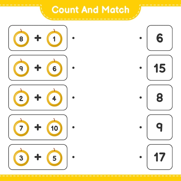 Cuente y combine, cuente el número de Honey Melon y combine con los números correctos. Juego educativo para niños, hoja de trabajo imprimible.