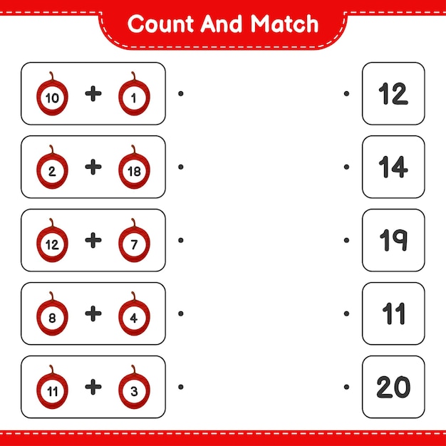 Cuente y combine, cuente el número de ita palm y combine con los números correctos. juego educativo para niños, hoja de trabajo imprimible.