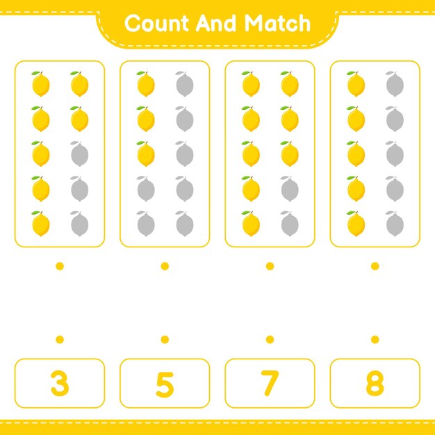 Cuente y combine, cuente el número de Lemon y combine con los números correctos. Juego educativo para niños, hoja de trabajo imprimible