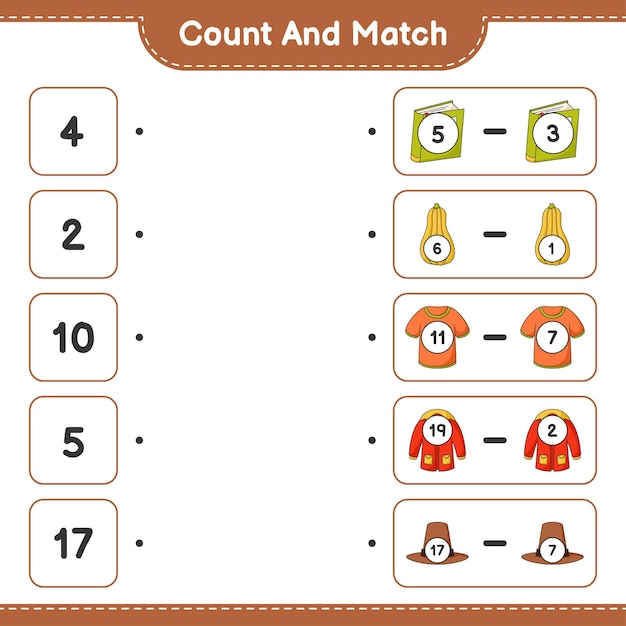 Cuente y combine, cuente el número de libro, calabaza, camiseta, ropa de abrigo, sombrero y combine con los números correctos. Juego educativo para niños, hoja de trabajo imprimible, ilustración vectorial