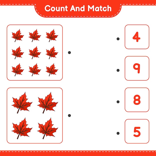 Cuente y combine, cuente el número de Maple Leaf y combine con los números correctos. Juego educativo para niños, hoja de trabajo imprimible, ilustración vectorial