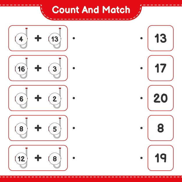 Cuente y combine, cuente el número de máscara de buceo y combine con los números correctos. Juego educativo para niños, hoja de trabajo imprimible, ilustración vectorial