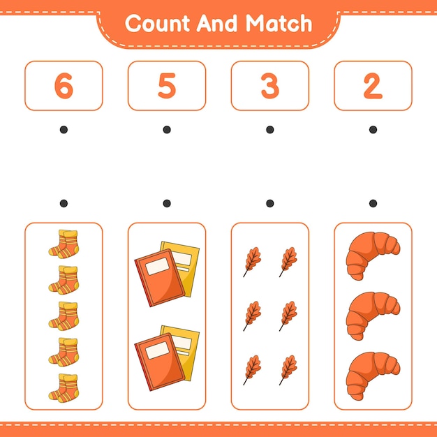 Cuente y combine, cuente el número de Oak Leaf, Socks, Book, Croissant y combine con los números correctos. Juego educativo para niños, hoja de trabajo imprimible, ilustración vectorial