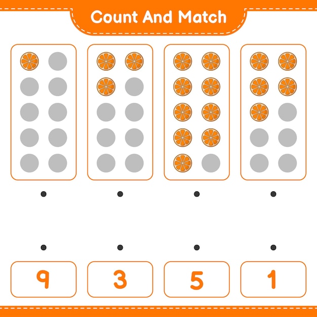 Cuente y combine, cuente el número de orange y combine con los números correctos. juego educativo para niños, hoja de trabajo imprimible, ilustración vectorial