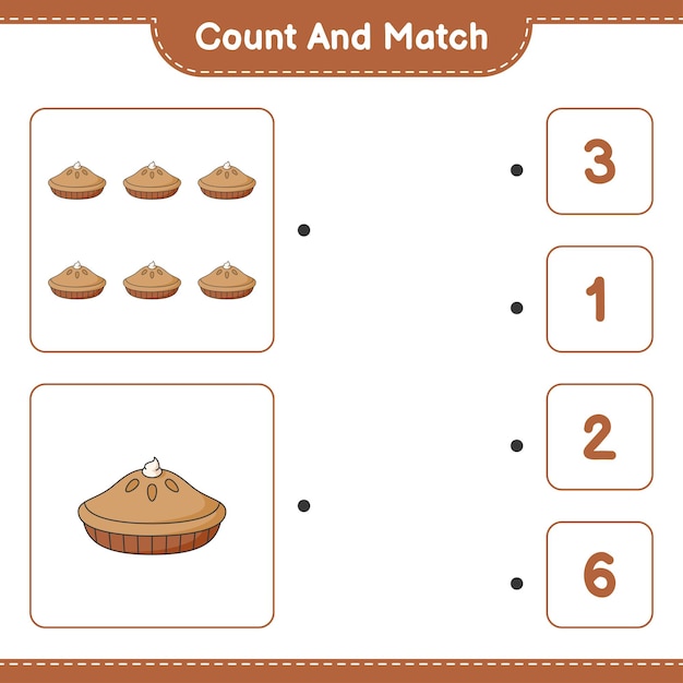 Cuente y combine, cuente el número de Pie y combine con los números correctos. Juego educativo para niños, hoja de trabajo imprimible, ilustración vectorial