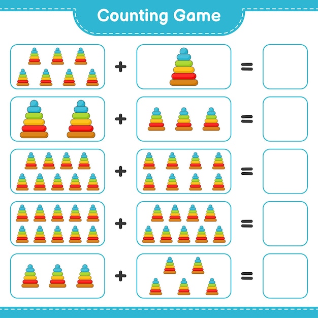 Cuente y combine, cuente el número de Pyramid Toy y combine con los números correctos. Juego educativo para niños, hoja de trabajo imprimible, ilustración vectorial