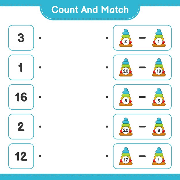 Cuente y combine, cuente el número de Pyramid Toy y combine con los números correctos. Juego educativo para niños, hoja de trabajo imprimible, ilustración vectorial
