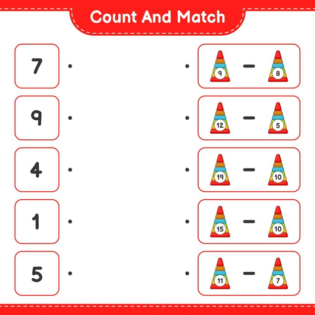 Cuente y combine, cuente el número de Pyramid Toy y combine con los números correctos. Juego educativo para niños, hoja de trabajo imprimible, ilustración vectorial