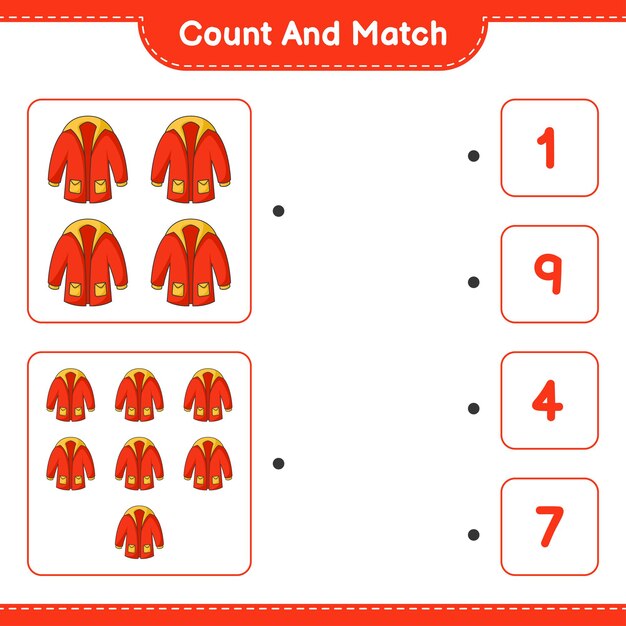 Cuente y combine, cuente el número de ropa abrigada y combine con los números correctos. Juego educativo para niños, hoja de trabajo imprimible, ilustración vectorial