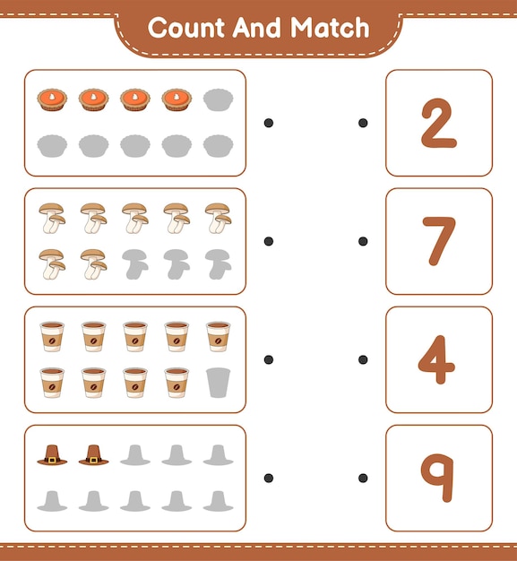 Cuente y combine, cuente el número de Shiitake, Hat, Pie, Coffee Cup y combine con los números correctos. Juego educativo para niños, hoja de trabajo imprimible, ilustración vectorial