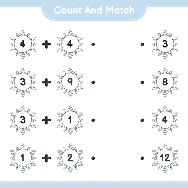 Cuente y combine, cuente el número de Snowflake y combine con los números correctos. Juego educativo para niños, hoja de trabajo imprimible, ilustración vectorial