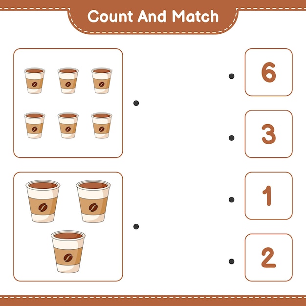 Cuente y combine, cuente el número de taza de café y combine con los números correctos. Juego educativo para niños, hoja de trabajo imprimible, ilustración vectorial