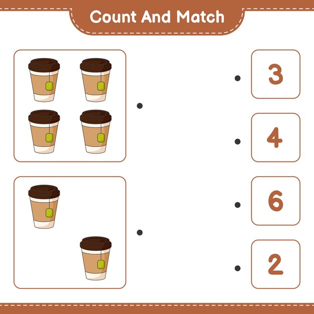Cuente y combine, cuente el número de taza de té y combine con los números correctos. Juego educativo para niños, hoja de trabajo imprimible, ilustración vectorial