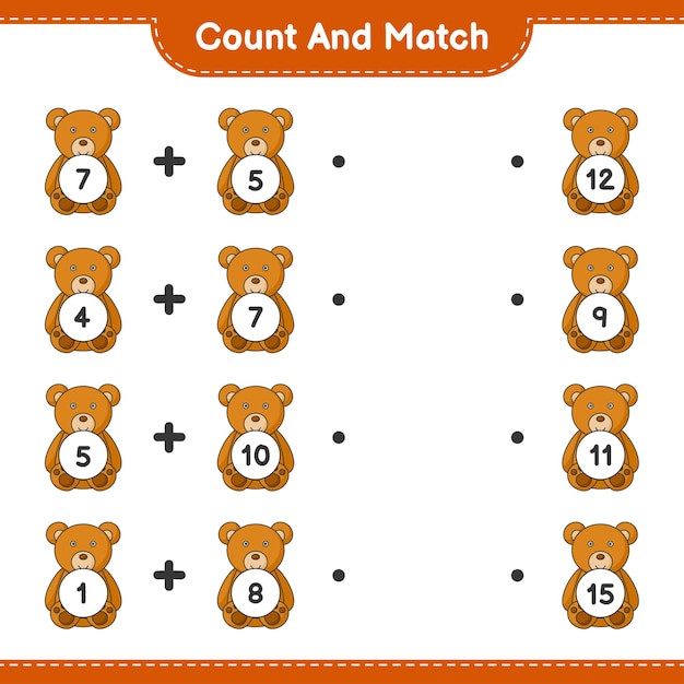 Cuente y combine, cuente el número de Teddy Bear y combine con los números correctos. Juego educativo para niños, hoja de trabajo imprimible