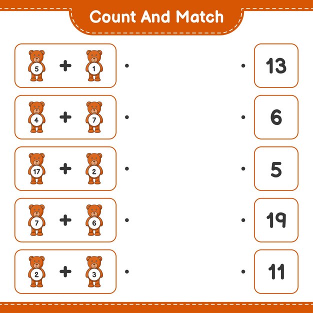 Cuente y combine, cuente el número de Teddy Bear y combine con los números correctos