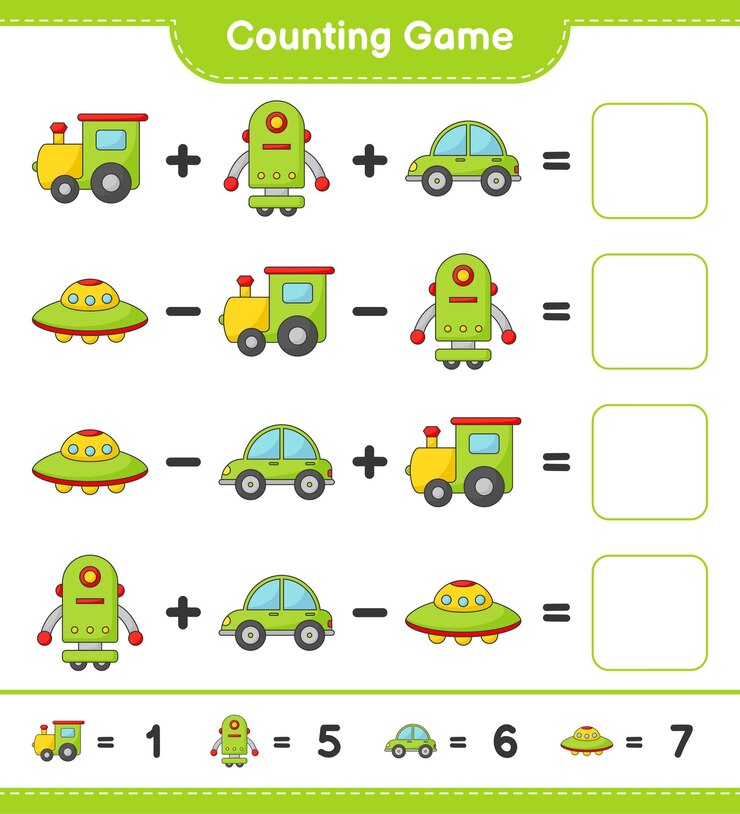 Vector cuente y combine, cuente el número de tren, personaje robot, automóvil, ovni y haga coincidir con los números correctos. juego educativo para niños, hoja de trabajo imprimible, ilustración vectorial