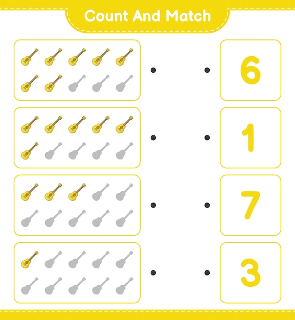 Cuente y combine, cuente el número de ukelele y combine con los números correctos. juego educativo para niños, hoja de trabajo imprimible, ilustración vectorial