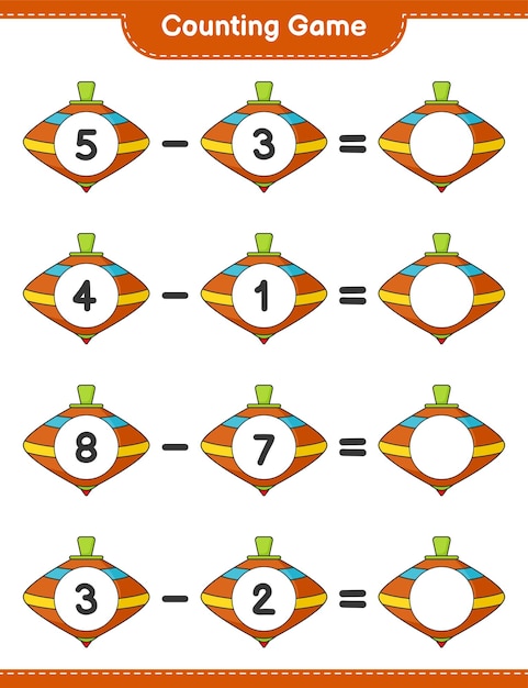 Cuente y combine, cuente el número de Whirligig Toy y combine con los números correctos. Juego educativo para niños, hoja de trabajo imprimible, ilustración vectorial