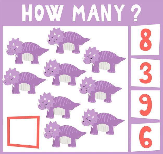 Cuente cuántos dinosaurios mini juego de matemáticas cuántos para niños en edad preescolar y jardín de infantes ilustración vectorial de dibujos animados del juego de conteo educativo para niños en edad preescolar nueve objetos