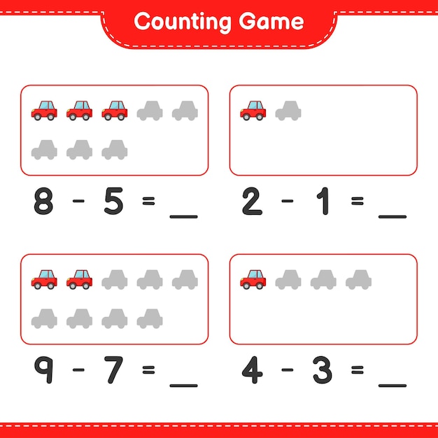 Cuente y empareje, cuente el número de automóvil y empareje con los números correctos. Juego educativo para niños, hoja de trabajo imprimible, ilustración vectorial