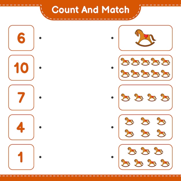 Cuente y empareje, cuente el número de Caballito de balancín y empareje con los números correctos. Juego educativo para niños, hoja de trabajo imprimible, ilustración vectorial