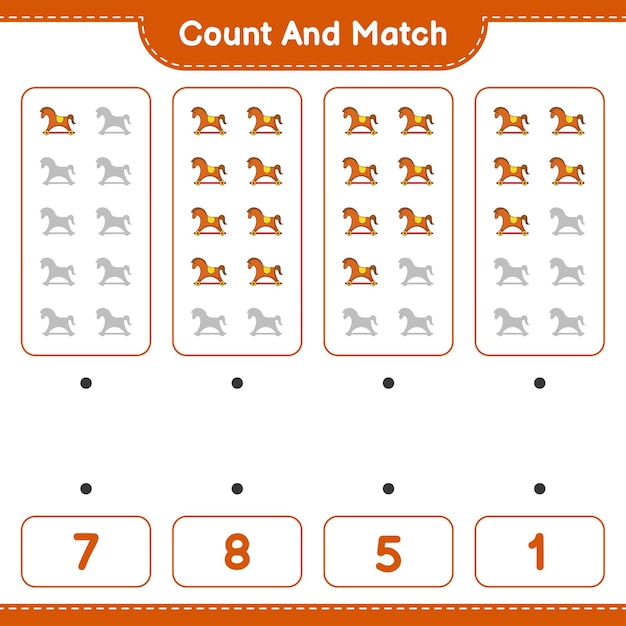 Cuente y empareje, cuente el número de Caballito de balancín y empareje con los números correctos. Juego educativo para niños, hoja de trabajo imprimible
