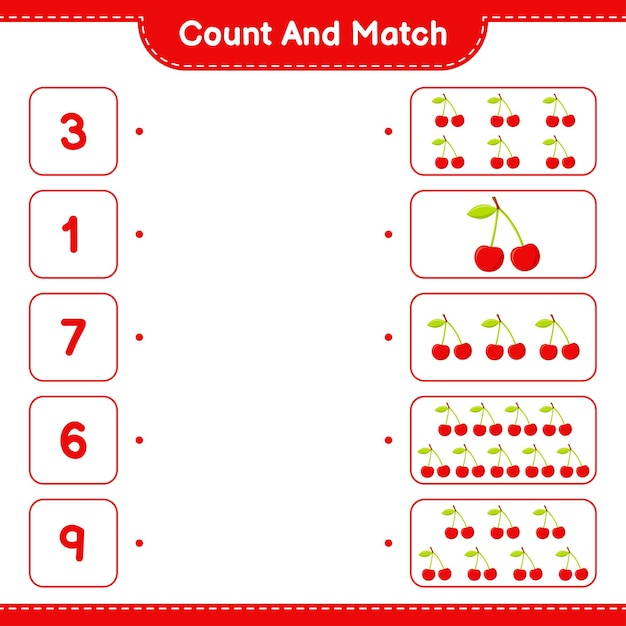 Cuente y empareje, cuente el número de cherry y combine con los números correctos. juego educativo para niños, hoja de trabajo imprimible