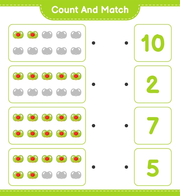 Cuente y empareje, cuente el número de chupete y empareje con los números correctos.