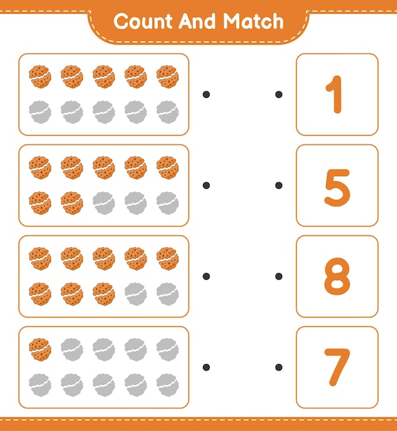 Cuente y empareje, cuente el número de Cookie y empareje con los números correctos. Juego educativo para niños, hoja de trabajo imprimible, ilustración vectorial