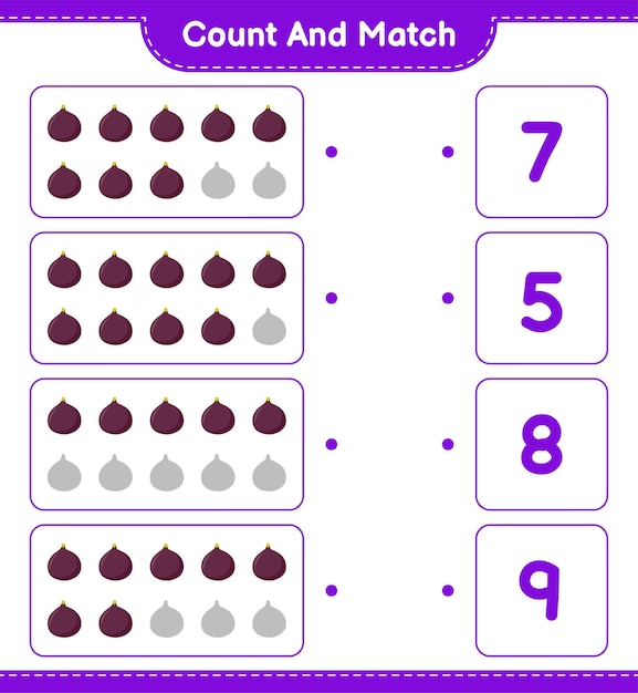 Cuente y empareje, cuente el número de Fig y empareje con los números correctos. Juego educativo para niños, hoja de trabajo imprimible.