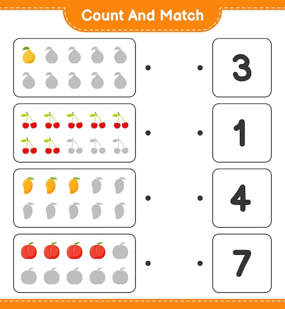 Cuente y empareje, cuente el número de frutas y empareje con los números correctos. juego educativo para niños, hoja de trabajo imprimible.