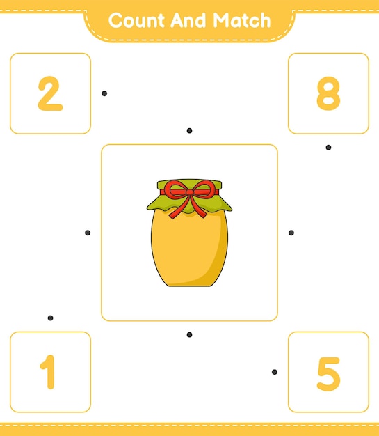 Cuente y empareje, cuente el número de Jam y empareje con los números correctos. Juego educativo para niños, hoja de trabajo imprimible, ilustración vectorial