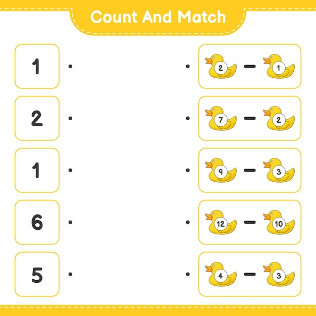 Cuente y empareje, cuente el número de patitos de goma y empareje con los números correctos. juego educativo para niños, hoja de trabajo imprimible, ilustración vectorial