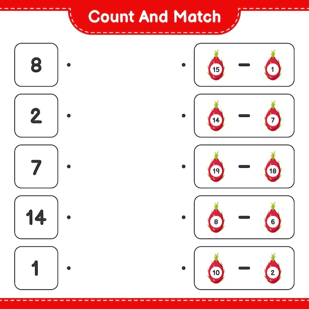 Cuente y empareje, cuente el número de Pitaya y empareje con los números correctos. Juego educativo para niños, hoja de trabajo imprimible