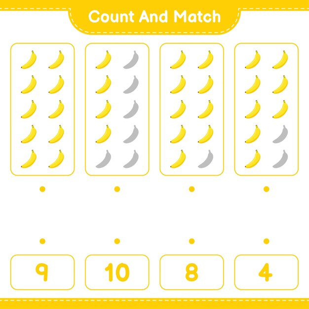Cuente y empareje, cuente el número de plátano y empareje con los números correctos. Juego educativo para niños, hoja de trabajo imprimible