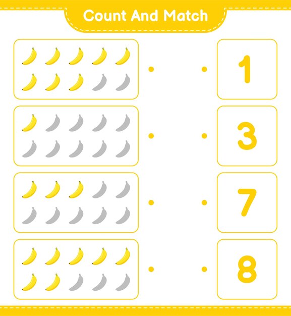 Cuente y empareje, cuente el número de plátano y empareje con los números correctos. Juego educativo para niños, hoja de trabajo imprimible.